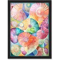 Artery8 Pastel Colour Seashells Folk Art Artwork Framed Wall Art Print A4 in Black