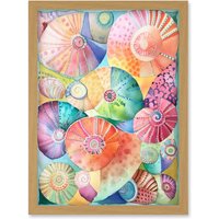 Artery8 Pastel Colour Seashells Folk Art Artwork Framed Wall Art Print A4 in Light Oak