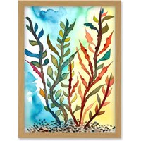 Artery8 Seaweed Sea Floor Folk Art Artwork Framed Wall Art Print A4 in Light Oak