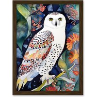 Artery8 Snowy Owl On Blooming Tree Folk Art Artwork Framed Wall Art Print A4 in Brown