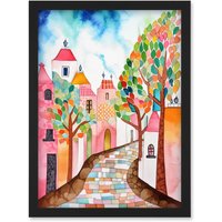 Artery8 Cobblestone Street In Spring Folk Art Artwork Framed Wall Art Print A4 in Black