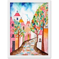 Artery8 Cobblestone Street In Spring Folk Art Artwork Framed Wall Art Print A4 in White