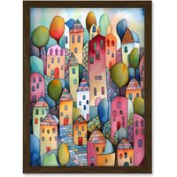 Artery8 Village On The Hill Cobble Streets Folk Art Artwork Framed Wall Art Print A4 in Brown