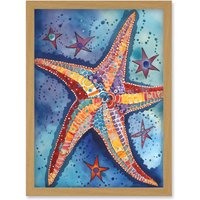 Artery8 Modern Folk Art Starfish Bathroom Artwork Framed Wall Art Print A4 in Light Oak