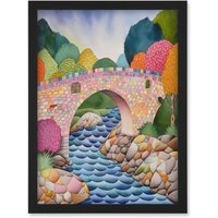 Artery8 Modern Folk Art Countryside Bridge Artwork Framed Wall Art Print A4 in Black