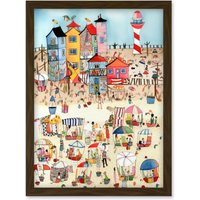 Artery8 Day At The Seaside Abstract Folk Art Artwork Framed Wall Art Print A4 in Brown