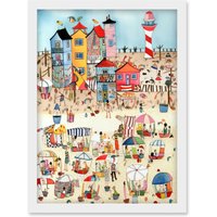 Artery8 Day At The Seaside Abstract Folk Art Artwork Framed Wall Art Print A4 in White