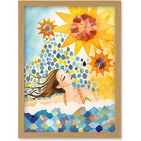 Artery8 Abstract Sea Swimming Folk Art Bathroom Artwork Framed Wall Art Print A4 in Light Oak