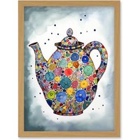 Artery8 Colourful Teapot Folk Art Kitchen Artwork Framed Wall Art Print A4 in Light Oak