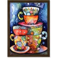 Artery8 Kitchen Folk Art Mugs & Cups Artwork Framed Wall Art Print A4 in Brown