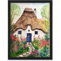 Artery8 The Cottage In The Forrest Flowers Folk Art Artwork Framed Wall Art Print A4 in Black