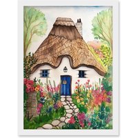 Artery8 The Cottage In The Forrest Flowers Folk Art Artwork Framed Wall Art Print A4 in White