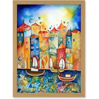Artery8 Abstract Sailing Seafront Folk Art Artwork Framed Wall Art Print A4 in Light Oak