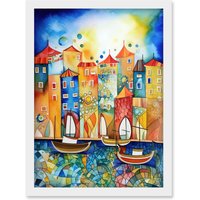 Artery8 Abstract Sailing Seafront Folk Art Artwork Framed Wall Art Print A4 in White