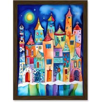 Artery8 Midnight Abstract Town Folk Art Artwork Framed Wall Art Print A4 in Brown