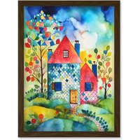 Artery8 Farmhouse In The Flowers Folk Art Artwork Framed Wall Art Print A4 in Brown