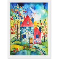 Artery8 Farmhouse In The Flowers Folk Art Artwork Framed Wall Art Print A4 in White