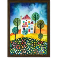 Artery8 Abstract House & Garden Folk Art Artwork Framed Wall Art Print A4 in Brown
