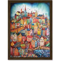 Artery8 Abstract Fishing Village Folk Art Artwork Framed Wall Art Print A4 in Brown