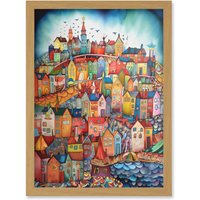 Artery8 Abstract Fishing Village Folk Art Artwork Framed Wall Art Print A4 in Light Oak