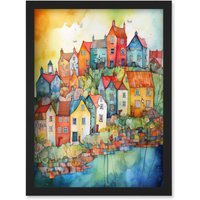 Artery8 Village Of Manarola Italy Folk Art Artwork Framed Wall Art Print A4 in Black