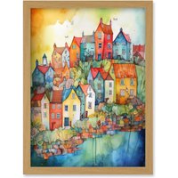 Artery8 Village Of Manarola Italy Folk Art Artwork Framed Wall Art Print A4 in Light Oak