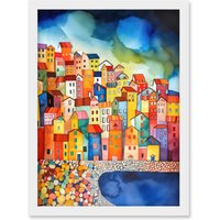 Artery8 Menton France Seaside Town Folk Art Artwork Framed Wall Art Print A4 in White