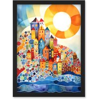 Artery8 Abstract Seascape Sunrise Village Folk Art Artwork Framed Wall Art Print A4 in Black