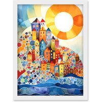 Artery8 Abstract Seascape Sunrise Village Folk Art Artwork Framed Wall Art Print A4 in White