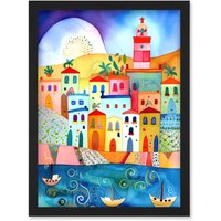 Artery8 Tunisia Seaside Town Folk Art Artwork Framed Wall Art Print A4 in Black