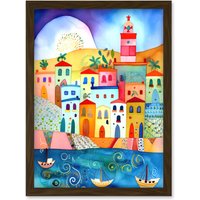 Artery8 Tunisia Seaside Town Folk Art Artwork Framed Wall Art Print A4 in Brown