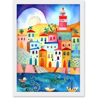 Artery8 Tunisia Seaside Town Folk Art Artwork Framed Wall Art Print A4 in White
