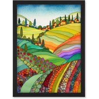 Artery8 Abstract Tuscany Hills Landscape Folk Art Artwork Framed Wall Art Print A4 in Black