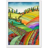 Artery8 Abstract Tuscany Hills Landscape Folk Art Artwork Framed Wall Art Print A4 in White