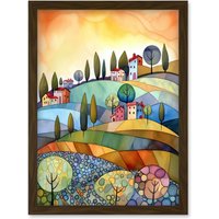 Artery8 Italian Countryside Midsummer Landscape Folk Art Artwork Framed Wall Art Print A4 in Brown