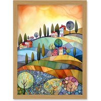 Artery8 Italian Countryside Midsummer Landscape Folk Art Artwork Framed Wall Art Print A4 in Light Oak