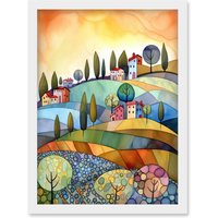 Artery8 Italian Countryside Midsummer Landscape Folk Art Artwork Framed Wall Art Print A4 in White