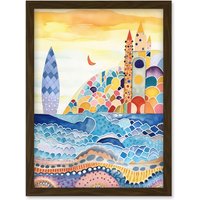 Artery8 Abstract Seascape Waves On Beach Folk Art Bathroom Artwork Framed Wall Art Print A4 in Brown
