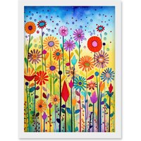 Artery8 Tall Mixed Flowers Folk Art Watercolour Painting Artwork Framed Wall Art Print A4 in White