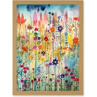 Artery8 Layered Spring Flower Field Folk Art Artwork Framed Wall Art Print A4 in Light Oak