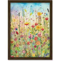 Artery8 Summer Wild Flower Blossom Meadow Folk Art Artwork Framed Wall Art Print A4 in Brown