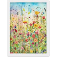 Artery8 Summer Wild Flower Blossom Meadow Folk Art Artwork Framed Wall Art Print A4 in White