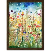 Artery8 Wildflower Meadow Folk Art Artwork Framed Wall Art Print A4 in Brown