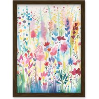 Artery8 Soft Pastel Wildflower Floral Folk Art Artwork Framed Wall Art Print A4 in Brown