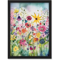 Artery8 Bright Wildflower Floral Blooms Folk Art Artwork Framed Wall Art Print A4 in Black