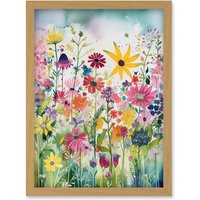 Artery8 Bright Wildflower Floral Blooms Folk Art Artwork Framed Wall Art Print A4 in Light Oak