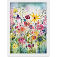 Artery8 Bright Wildflower Floral Blooms Folk Art Artwork Framed Wall Art Print A4 in White
