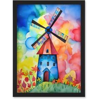 Artery8 Watercolour Windmill Netherlands Folk Art Artwork Framed Wall Art Print A4 in Black
