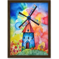 Artery8 Watercolour Windmill Netherlands Folk Art Artwork Framed Wall Art Print A4 in Brown