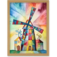 Artery8 Windmill Folk Art Abstract Bright Artwork Framed Wall Art Print A4 in Light Oak